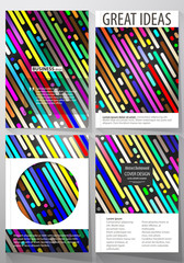 Business templates for brochure, magazine, flyer, booklet. Cover design template, vector layout in A4 size. Colorful background made of stripes. Abstract tubes and dots. Glowing multicolored texture.