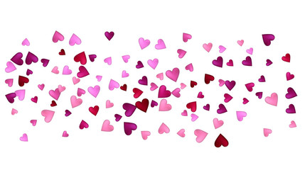 Valentines Day Vector Confetti Border. Falling Down Petals, Showering Pink, Red Hearts. Wide Valentines Day Background, Celebration Hearts Garland Rose Romantic Wedding Frame, Border, Banner Design