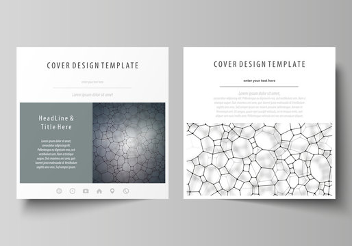 Business templates for square design brochure, flyer. Leaflet cover, vector layout. Chemistry pattern, molecular texture, polygonal molecule structure, cell. Medicine, science or microbiology concept.