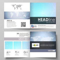 The minimalistic vector illustration of the editable layout of two covers templates for square design brochure, flyer, booklet. Polygonal texture. Global connections, futuristic geometric concept.