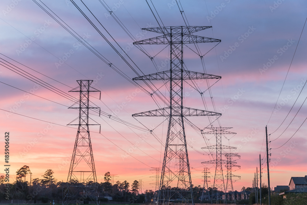 Wall mural industrial background group silhouette of transmission towers (or power tower, electricity pylon, st