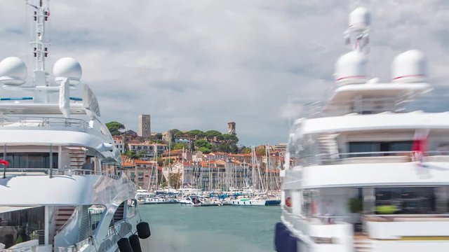 View of medieval Castre Castle and harbor with yachts timelapse.