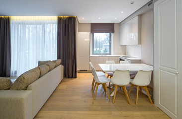 Interior of the living-studio in the apartment. Room, kitchen, furniture, sofa..