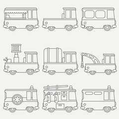 Line flat monochrome vector icon set cute retro city auto . Emergency assistance vehicle. Cartoon style. Urban truck. Police van. Firefighter. Vector illustration and element for design and wallpaper.