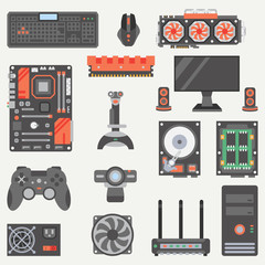 Flat color vector computer part icon set. Cartoon style. Digital gaming and business office pc desktop device. Innovation gadget technology. Internet. Illustration, element for your design, wallpaper. © otapunk