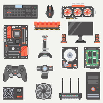 Flat color vector computer part icon set. Cartoon style. Digital gaming and business office pc desktop device. Innovation gadget technology. Internet. Illustration, element for your design, wallpaper.