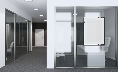 Open space office interior with like conference room. Mockup. 3D rendering. Mockup picture.
