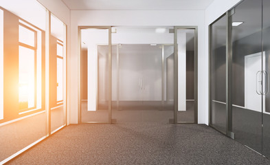 Empty modern office Cabinet. Meeting room. 3D rendering. Sunset.