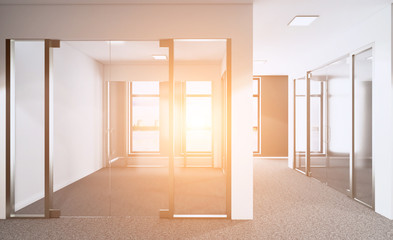 Empty modern office Cabinet. Meeting room. 3D rendering. Sunset.