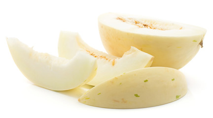 Sliced melon (Piel de Sapo, Honeydew) isolated on white background one half and three slices.