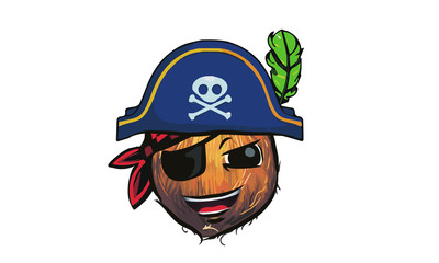 coconut pirate. coconut in a pirate hat. a cartoon coconut pirate.