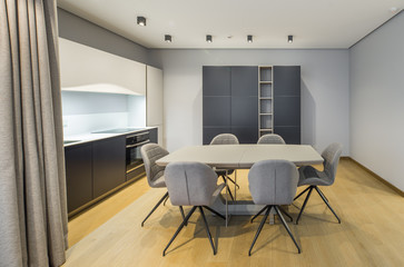 Interior of the living-studio in the apartment. Room, kitchen, furniture, sofa..