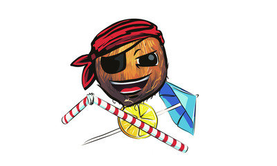 coconut pirate. coconut in a pirate hat. a cartoon coconut pirate.