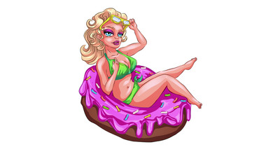 Woman lying back on inflatable doughnut shaped in summer at swimming pool