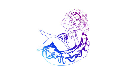 Woman lying back on inflatable doughnut shaped in summer at swimming pool