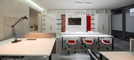 Modern design office in red and white colors.