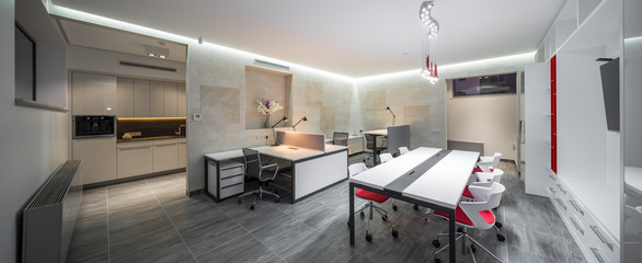 Modern design office in red and white colors.