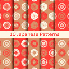 set of ten red japanese circle seamless vector patterns with flower design. design for packaging, covers, textile - 185911229