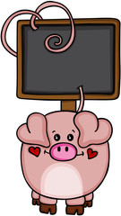 Cute love pig with blank wooden signboard