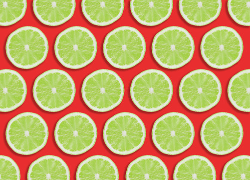 Green lime slices section design pattern isolated on red.