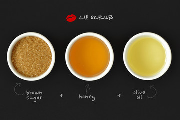 Homemade lip scrub made out of brown sugar, honey and olive oil