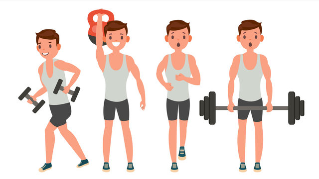 Fitness Man Vector. Different Poses. Work Out. Active Fitness. Flat Cartoon Illustration