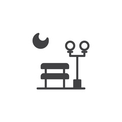 Moon, lantern and bench in a park at night icon vector, filled flat sign, solid pictogram isolated on white. Symbol, logo illustration