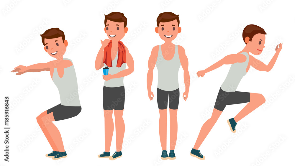 Sticker Fitness Man Vector. Different Poses. Variety Of Sport Movements. Cartoon Character Illustration