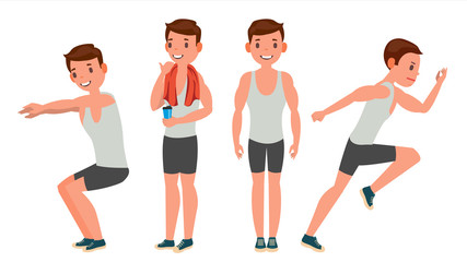 Fitness Man Vector. Different Poses. Variety Of Sport Movements. Cartoon Character Illustration