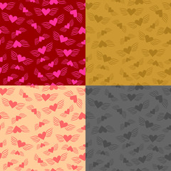 Set of four vector seamless colored patterns flying hearts. Winged simple flat abstract hearts - a conceptual background for textiles or a greeting card for Valentine's Day
