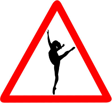 ballet dancer dance school caution red triangular road sign isolated on white background