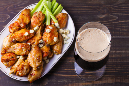 Beer And Chicken Wings Buffalo With Blue Cheese And Celery Sticks. View From Above, Top, Horizontal