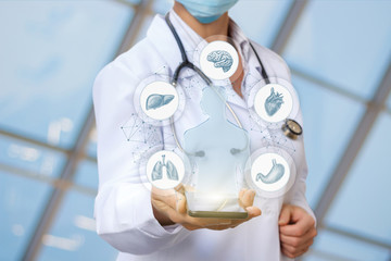 Doctor shows icons of internal human organs on the phone .
