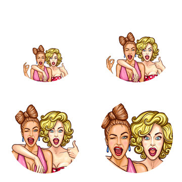 Set vector pop art round avatar icons for users social networking, blogs, profile icons. Two glamorous women with emotionally open screaming mouths, one winks eye and shows OK, second shows thumbs-up