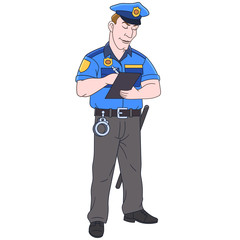 Kids in Professions. Cartoon police officer, policeman. Design for children's coloring book.