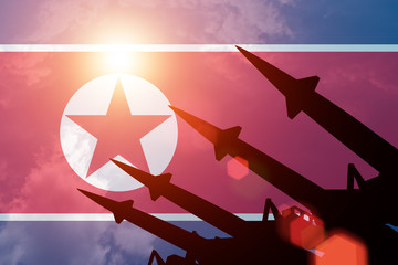 Antiaircraft rockets silhouettes on background of North Korea flag. Sunny.