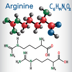 Arginine (Arg, R) amino acid molecule, it is used in the biosynthesis of proteins . Structural chemical formula and molecule model