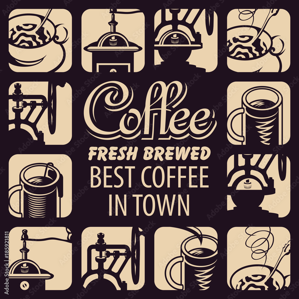 Poster vector set of design elements or logo for tea and coffee in retro style with inscriptions. template 