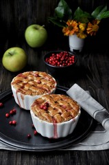 Pies with a grate of dough, in forms for baking