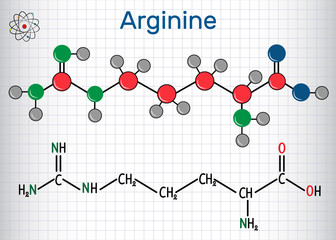 Arginine (Arg, R) amino acid molecule, it is used in the biosynthesis of proteins . Structural chemical formula and molecule model. Sheet of paper in a cage