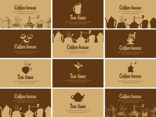 Vector set of business cards for restaurant, cafe or coffee house on the topic of tea and coffee in retro style