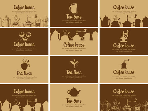 Fototapeta Vector set of business cards for restaurant, cafe or coffee house on the topic of tea and coffee in retro style