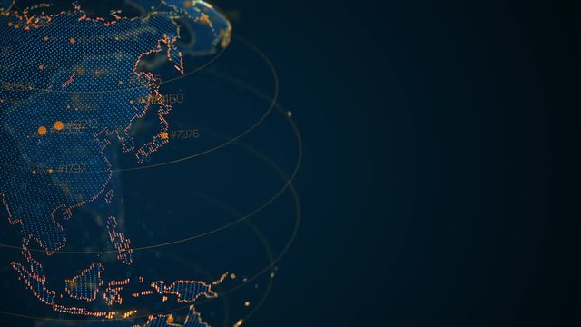 Close up of pixel 3D planet Earth with big data animation. Rotating globe, shining continents with floating numbers. Abstract cyber animation with depth of field and glow. 4K, loop UHD ProRes