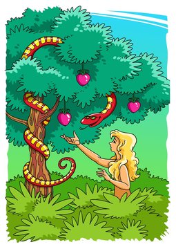 The Serpent tempts Eve to take the Forbidden Fruit (color)