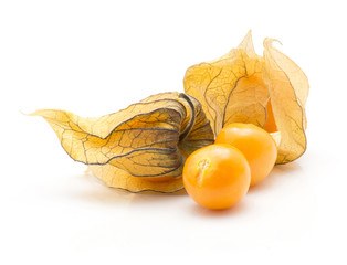 Physalis stack isolated on white background two orange berries and two in husk.