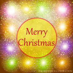 Merry christmas illustration.Brightly Colorful Fireworks. Gold illustration of Fireworks. Holiday fireworks background.