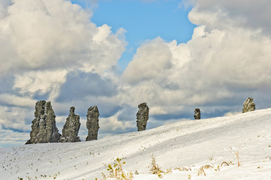 Giant rocks at the Manpupuner Plateau, Northern Ural. One of the seven wonders of Russia