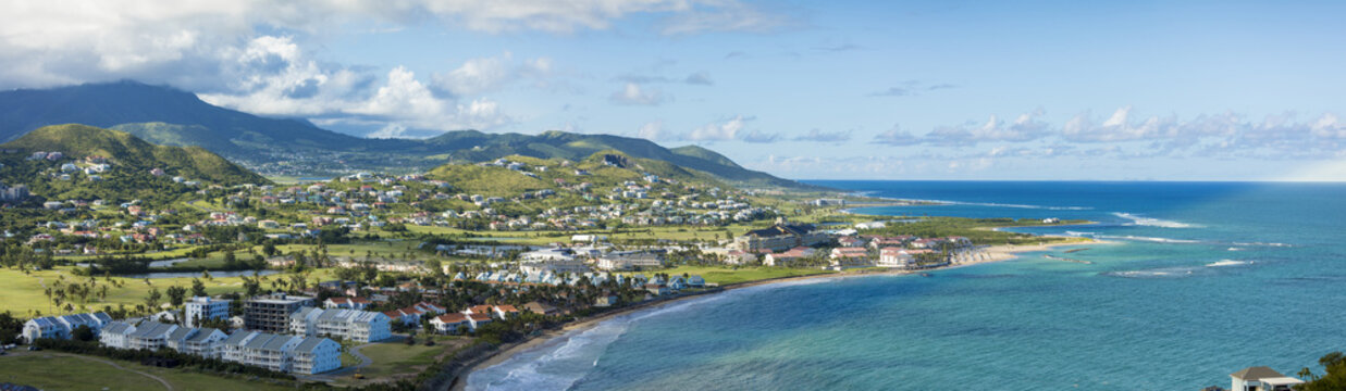 View of resorts, golf courses, and ocean on the south end of St Kitts.