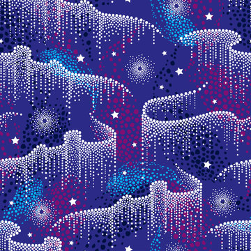 Vector seamless pattern with white dotted swirls of northern or polar light and stars on the background in dark blue and pink. Aurora borealis lights in dotwork style for space and galaxy design. 
