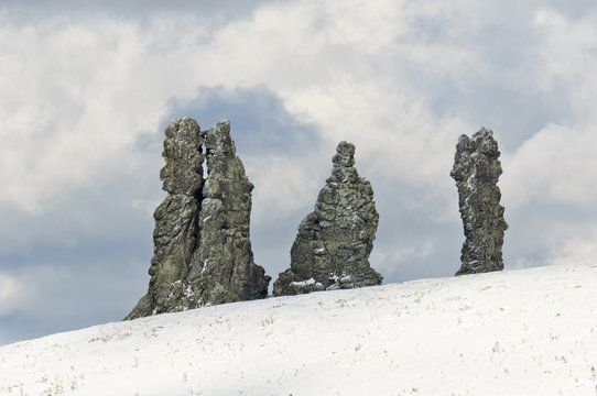 Giant rocks at the Manpupuner Plateau, Northern Ural. One of the seven wonders of Russia